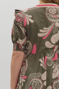 Eliana Olive and Pink Paisley Midi Dress