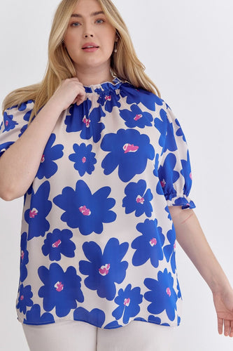 Poppy Floral Mock Neck Puff Sleeve Top in Royal Blue