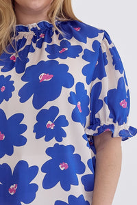 Poppy Floral Mock Neck Puff Sleeve Top in Royal Blue