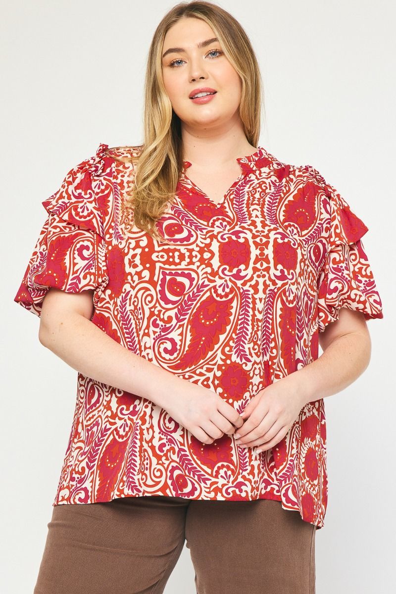 Miranda Ruby Paisley Ruffle Sleeve Top