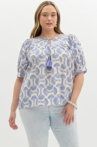 Brianna Cotton Blue Puff Sleeve Top