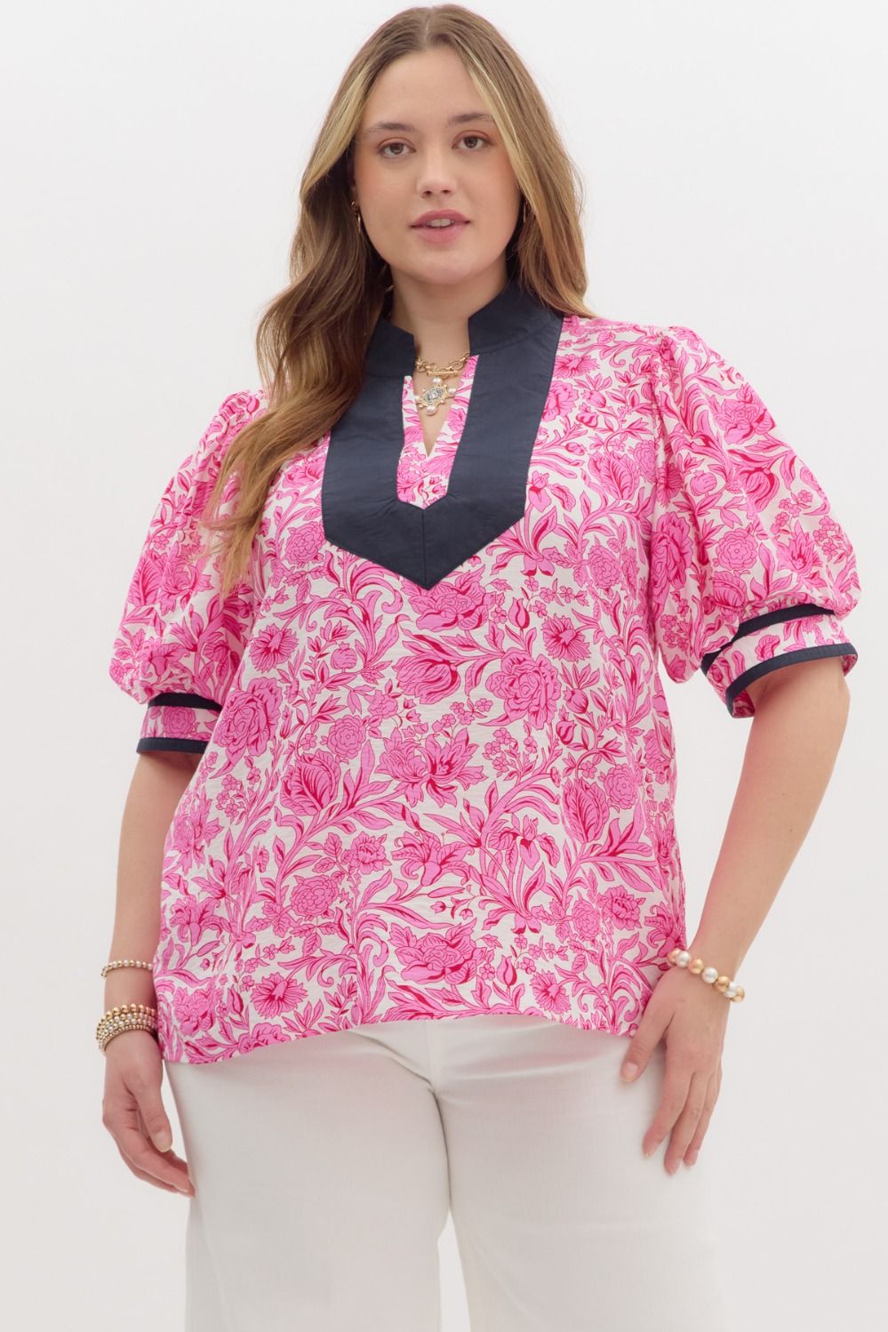 Katy Pink and Navy Puff Sleeve Top