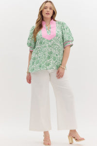 Katy Pink and Green Puff Sleeve Top