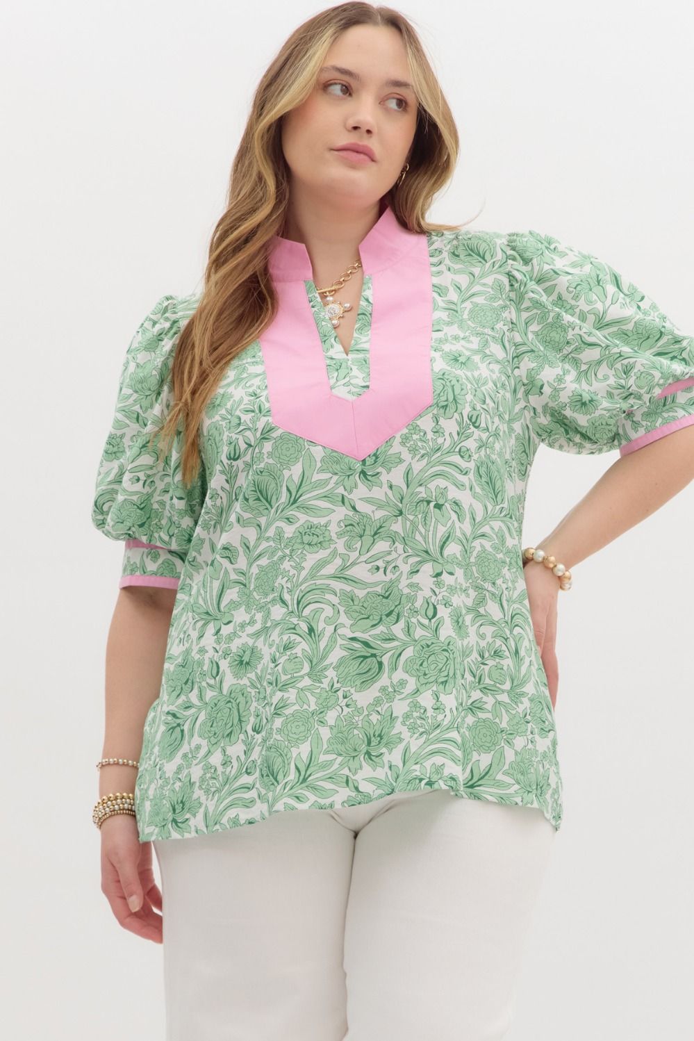 Katy Pink and Green Puff Sleeve Top