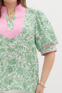 Katy Pink and Green Puff Sleeve Top