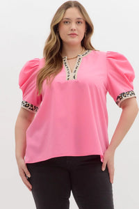 Julia Pink Top with Leopard Trim