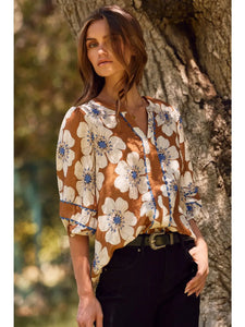 Polly Taupe Floral Top with Scallop Trim
