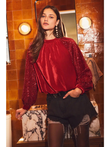 Melanie Velvet Sequin Top in Black or Red