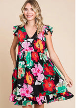 Load image into Gallery viewer, Lucille Black Mixed Floral Ruffle Sleeve Dress