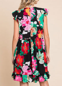 Lucille Black Mixed Floral Ruffle Sleeve Dress