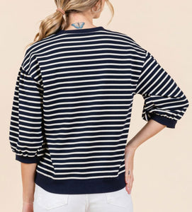 Restocked! Shannon Striped Puff Sleeve Top in Navy