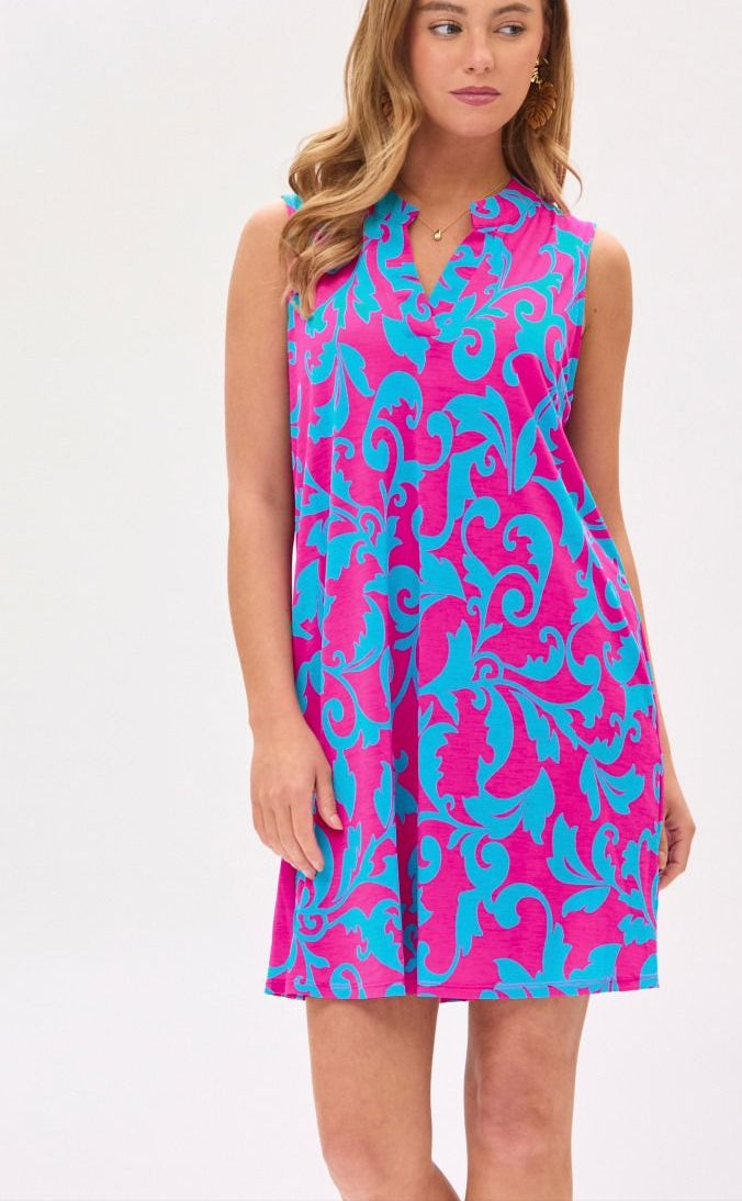 Mila Wrinkle Free Tank Dress in Magenta & Teal