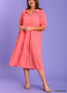 Edie Collared Tiered Dress in Coral