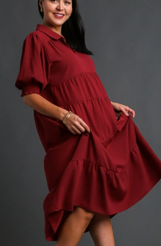 Edie Collared Tiered Dress in Wine