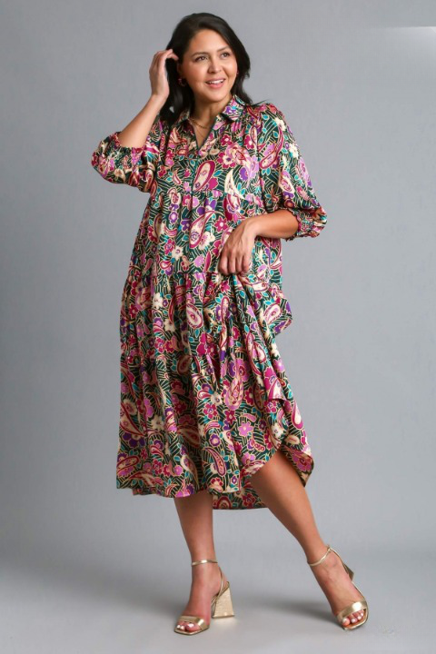Paisley Tiered Midi Dress in Teal Green