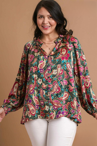 Dolly Satin Paisley Ruffle Neck Top in Teal