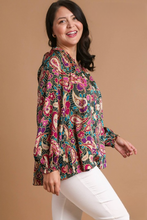 Load image into Gallery viewer, Dolly Satin Paisley Ruffle Neck Top in Teal