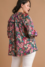 Load image into Gallery viewer, Dolly Satin Paisley Ruffle Neck Top in Teal