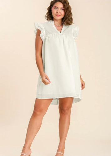 Trina Ruffle Sleeve Basket Weave Dress in White