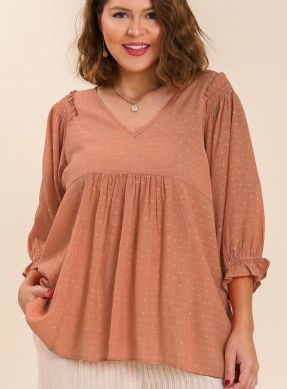 Samantha Dot Embroidered V-Neck Top in Apricot