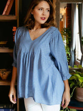 Load image into Gallery viewer, Samantha Dot Embroidered V-Neck Top in Azure