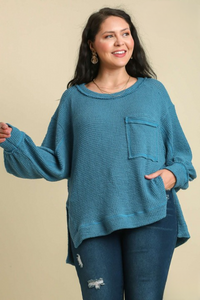 Restocked! Sophie Waffle Knit Balloon Sleeve Top in Teal