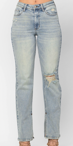 Style Crush Distressed Bootcut with Slit Hem Jeans
