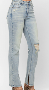 Style Crush Distressed Bootcut with Slit Hem Jeans