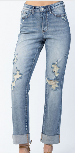 Double Cuff Distressed Boyfriend Jeans