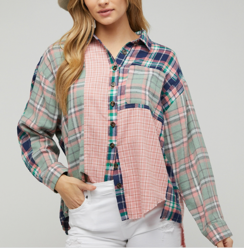 Layla Oversized Mixed Plaid Button Top