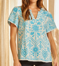 Load image into Gallery viewer, Doris Turquoise Embroidered Split Neck Top