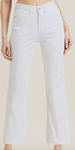 White High-Rise Raw Hem Straight Leg Jeans