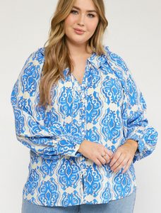 Renee Blue Print V-Neck Button Up Top