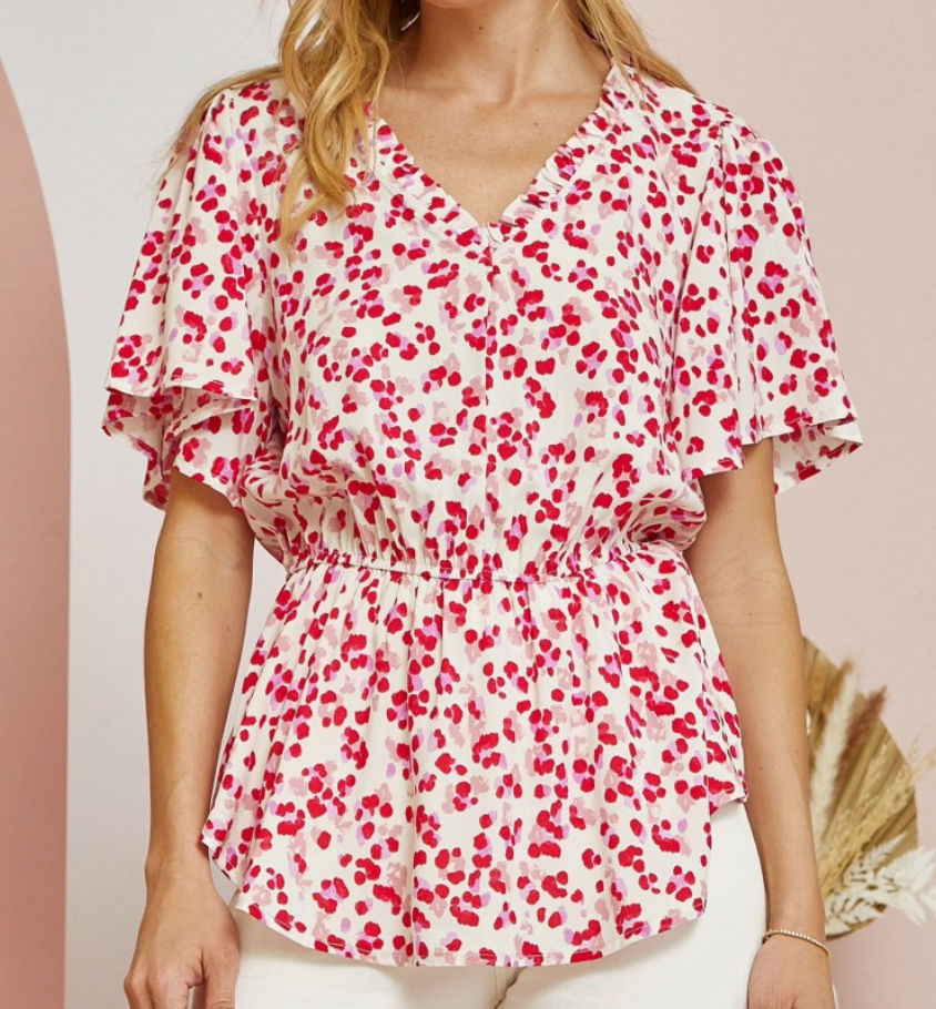 Carolann Pink and Red Ditsy Print Top