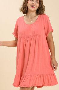 Remi Ruffle Trim Dress with Frayed Edges in Coral