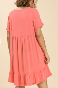 Remi Ruffle Trim Dress with Frayed Edges in Coral