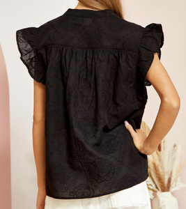Kristen Eyelet Embroidered Flutter Sleeve Top in Black