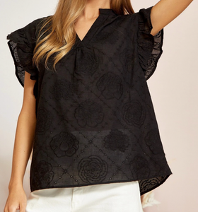 Kristen Eyelet Embroidered Flutter Sleeve Top in Black
