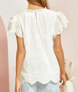Trina Eyelet Embroidered Flutter Sleeve Top in White