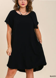 Caroline Linen Fray Pocket Dress in Black