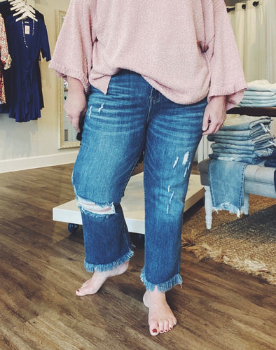 Frayed High Rise Cropped Flare Jeans