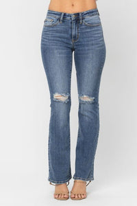 Mid-Rise Destroyed Knee Bootcut Jeans