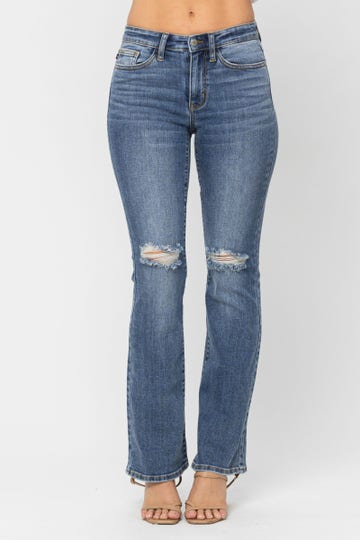 Mid-Rise Destroyed Knee Bootcut Jeans