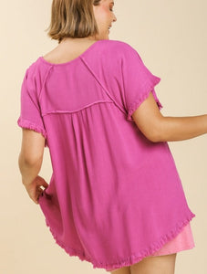 Sophie Linen Blend Top with Frayed Hem in Mulberry