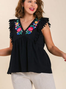 Laura Floral Embroidered Cap Sleeve Top with Pom Poms
