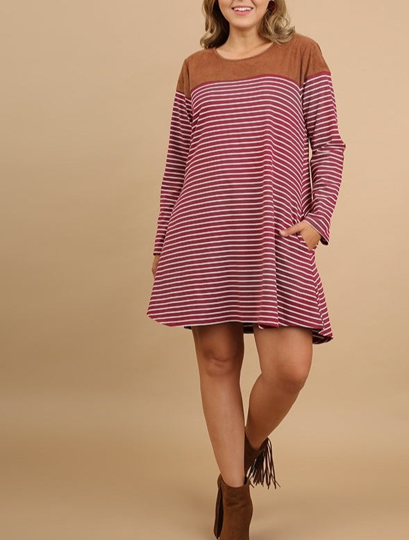 Katie Striped Pocket Tee Dress with Suede Look Accents